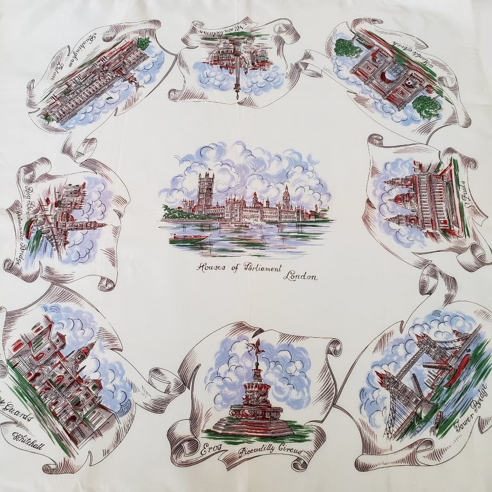 Vintage Midcentury 1950s/1960s LONDON Souvenir Novelty Print Scarf-27x27
